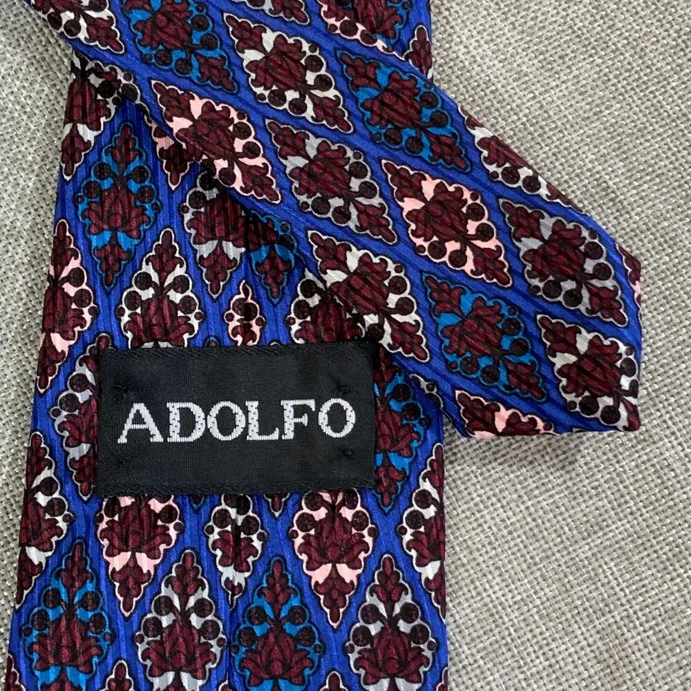 Adolfo Silk Necktie Blue Burgundy Medallion Damask Made in Italy Mens Tie